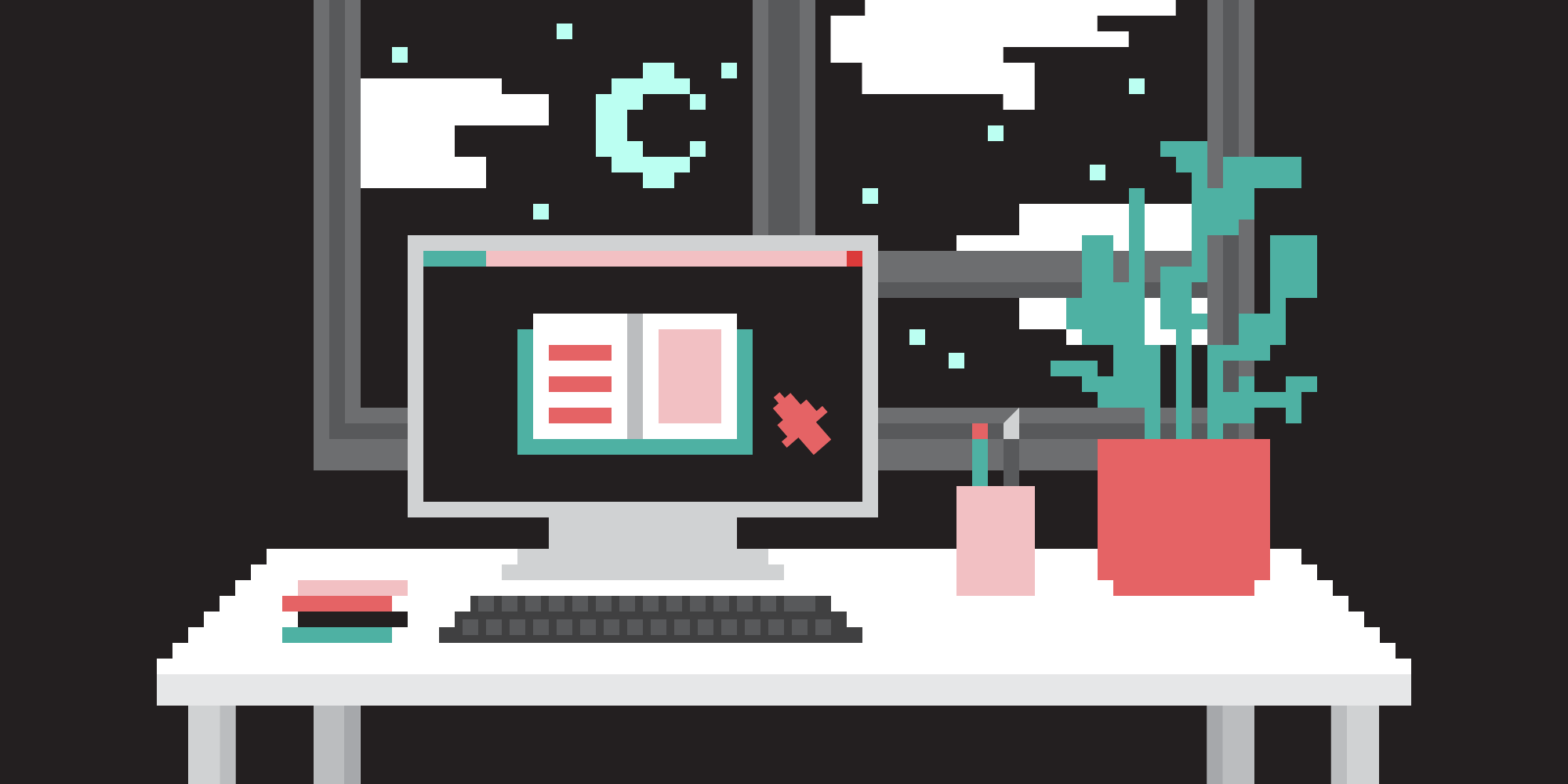 pixel illustration of computer on a desk with an open window and nice plant